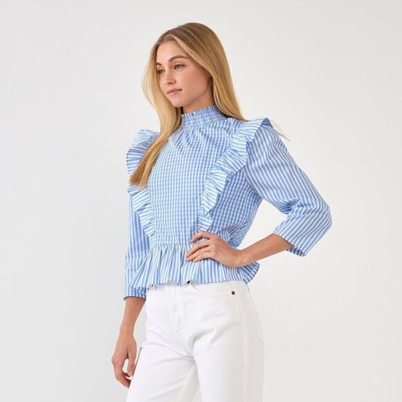 EUC English Factory Gingham Check & Stripe Mixed Blouse Size Medium - Picture 3 of 10